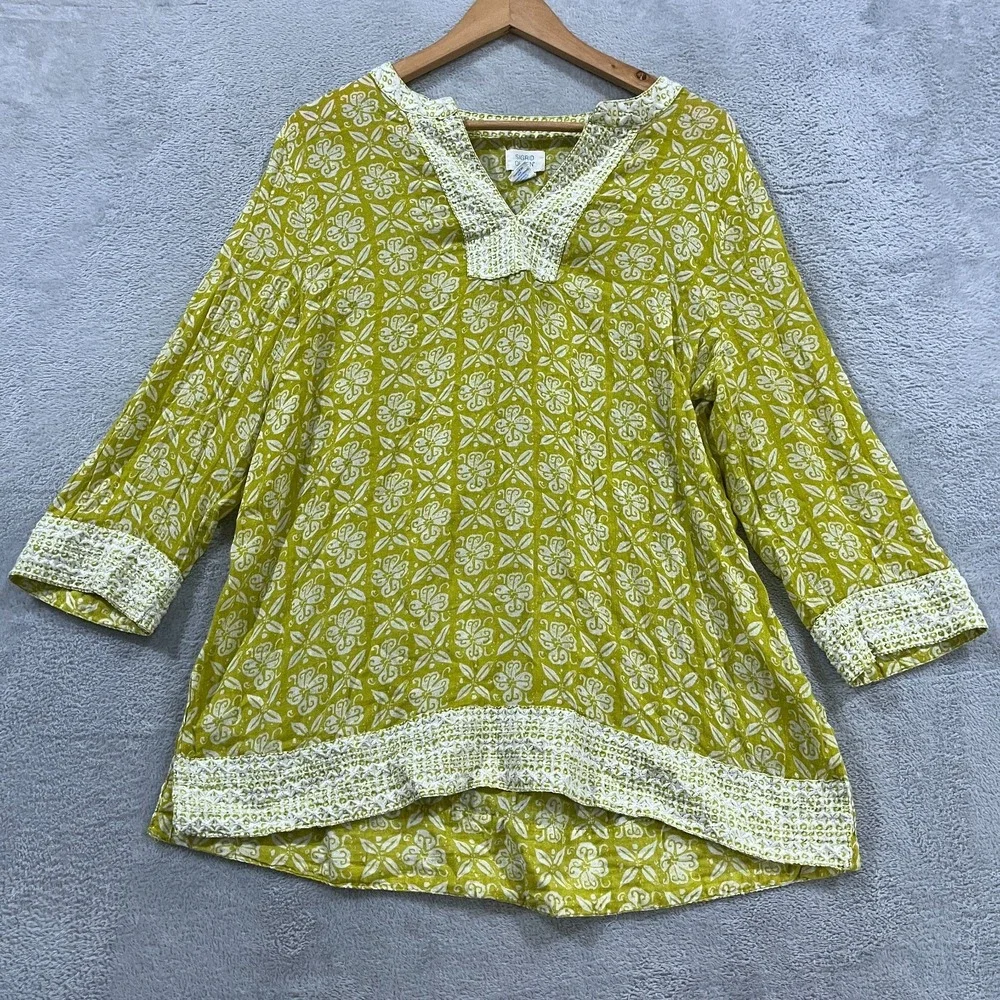 Sigrid Olsen Blouse Womens XL Embroidered Tunic Top 3/4 Sleeve Lime Boho - Picture 1 of 8